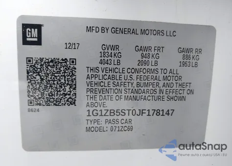 2018 Chevrolet Malibu 1Ls z USA, uszkodzony, nr VIN 1G1ZB5ST0JF178147